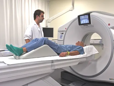 Ein Patient wird am Computertomographen behandelt