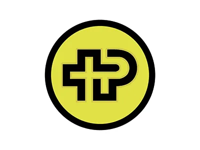 Gelbe Münze mit schwarzem Rand und schwarzem Logo der Schweizer Paraplegiker-Stiftung. 