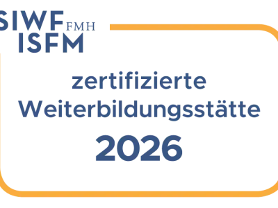 Zertifiziertes Weiterbildungsstätte 2026 logo from SIWF ISFM in blue and orange