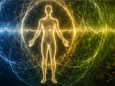 Glowing human form in energetic field of electricity and nature.