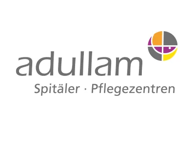 A colorful logo for Adullam Spitäler-Pflegezentren with abstract shapes in orange, blue, green, and gray.