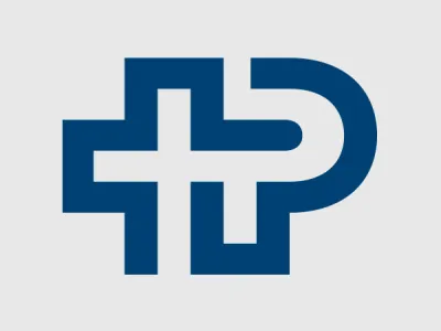 Das Logo der Schweizer Paraplegiker-Stiftung. Es ist dunkelblau und besteht aus einem Kreuz und einem P.