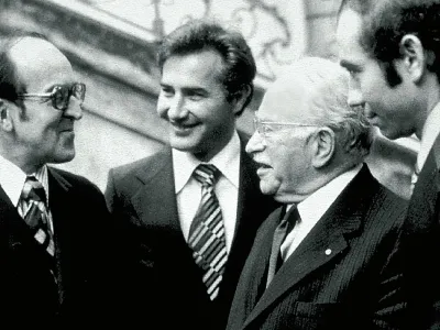 Gründungsfeier SPS: von links: Bundesrat Kurt Furgler, Guido A. Zäch, Sir Ludwig Guttmann, Walter Seiler