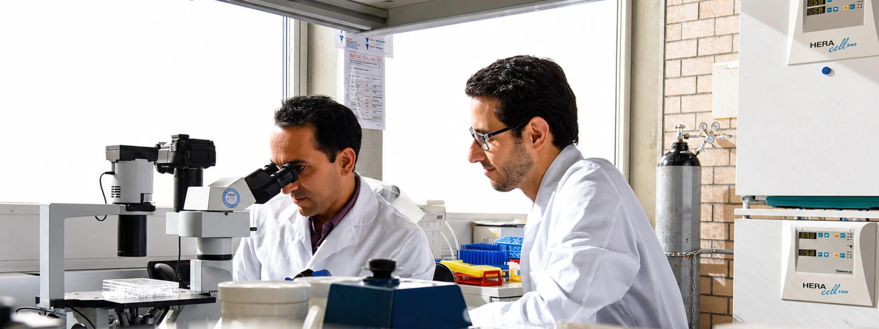 Two scientists in white lab coats working with microscopes in a laboratory