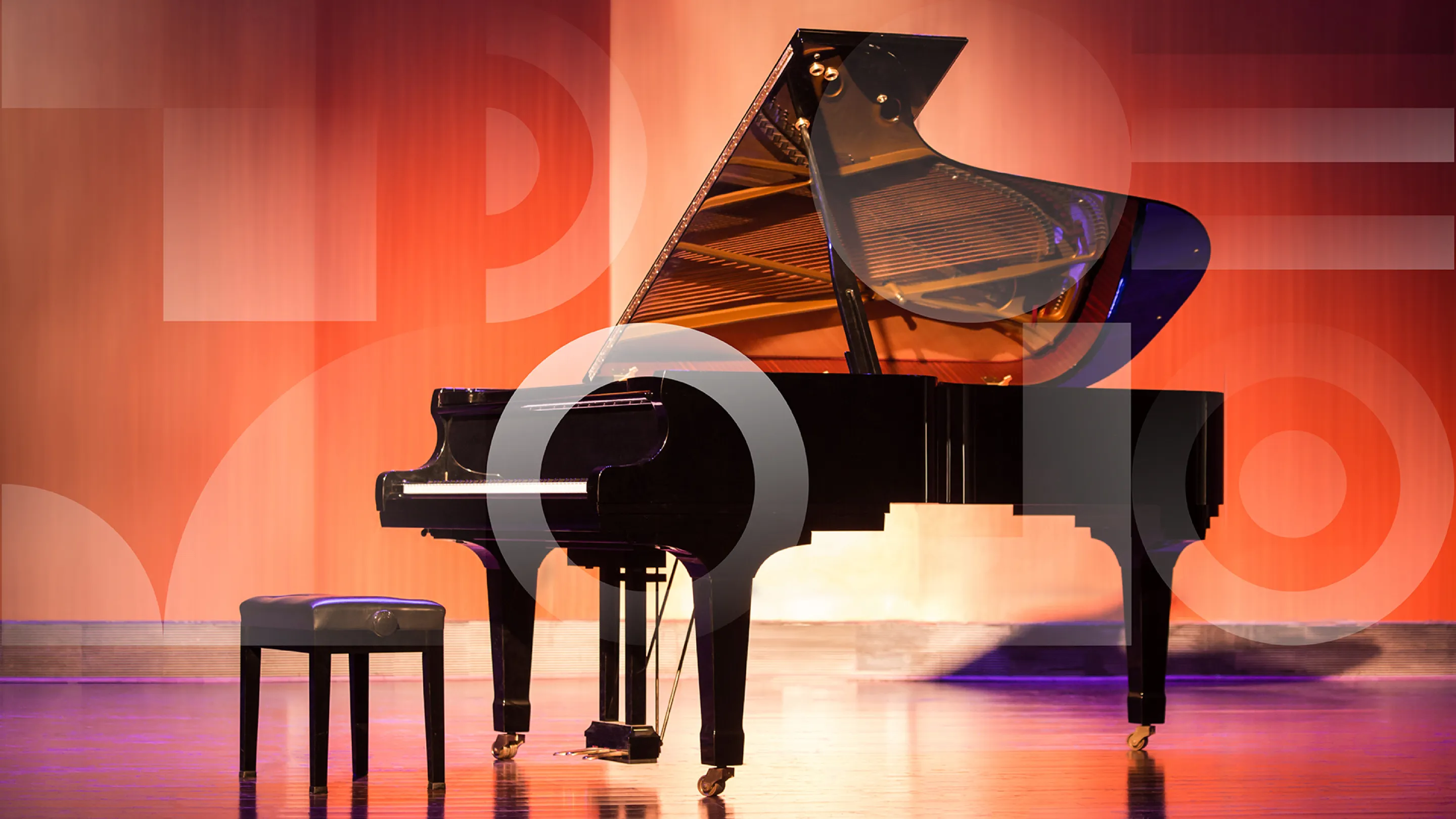 Colorful abstract illustration of a grand piano on stage.