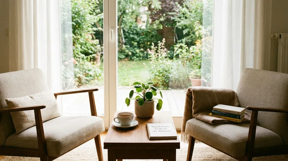Tranquil living room with large window overlooking lush garden.
