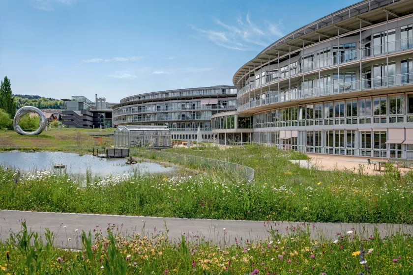 Das moderne Gebäude mit viel Glas und Holzvertäfelung, umgeben von einer Rasenfläche und einem kleinen See.