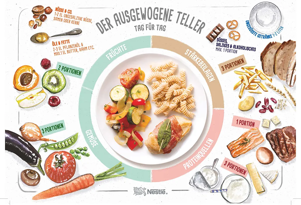 Illustration Übersicht ideale Tellerzusammensetzung für gesunden Darm.
