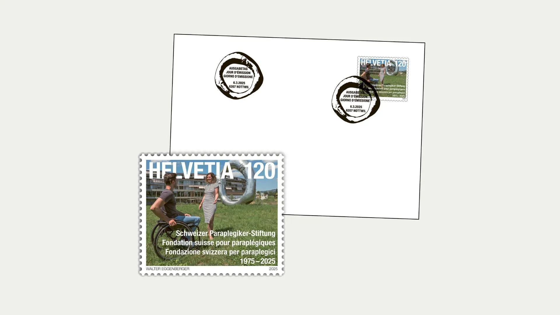 Die Sonderbriefmarke der Schweizer Paraplegiker-Stiftung mit Couvert.