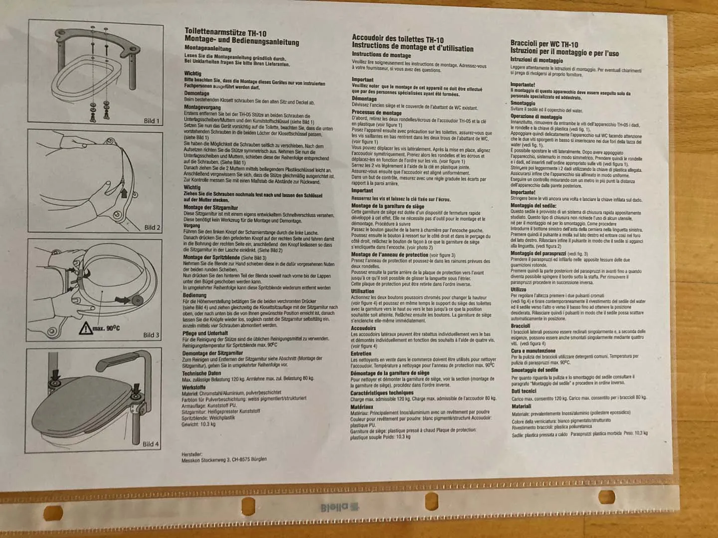 occasion-toilettensitzerhoehung-th-10-messerli-03.jpg Aufbauanleitung für ein Möbelstück mit technischen Zeichnungen und Textanweisungen.