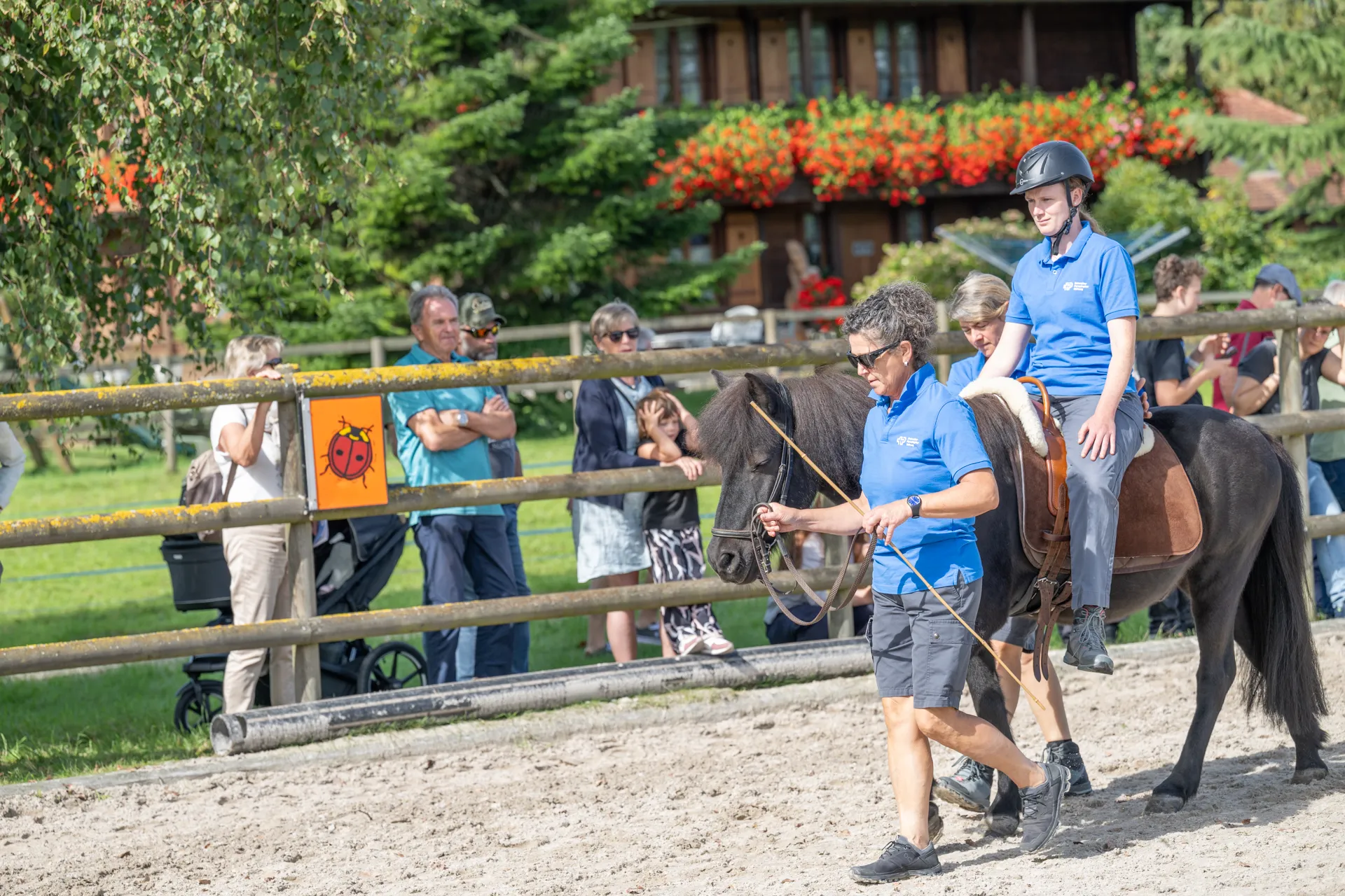 Zwei Helferinnen führen die Hippotherapie mit Pferden Besucherinnen der Tage der offenen Tür der Schweizer Parplegiker-Gruppe in Nottwil vor.