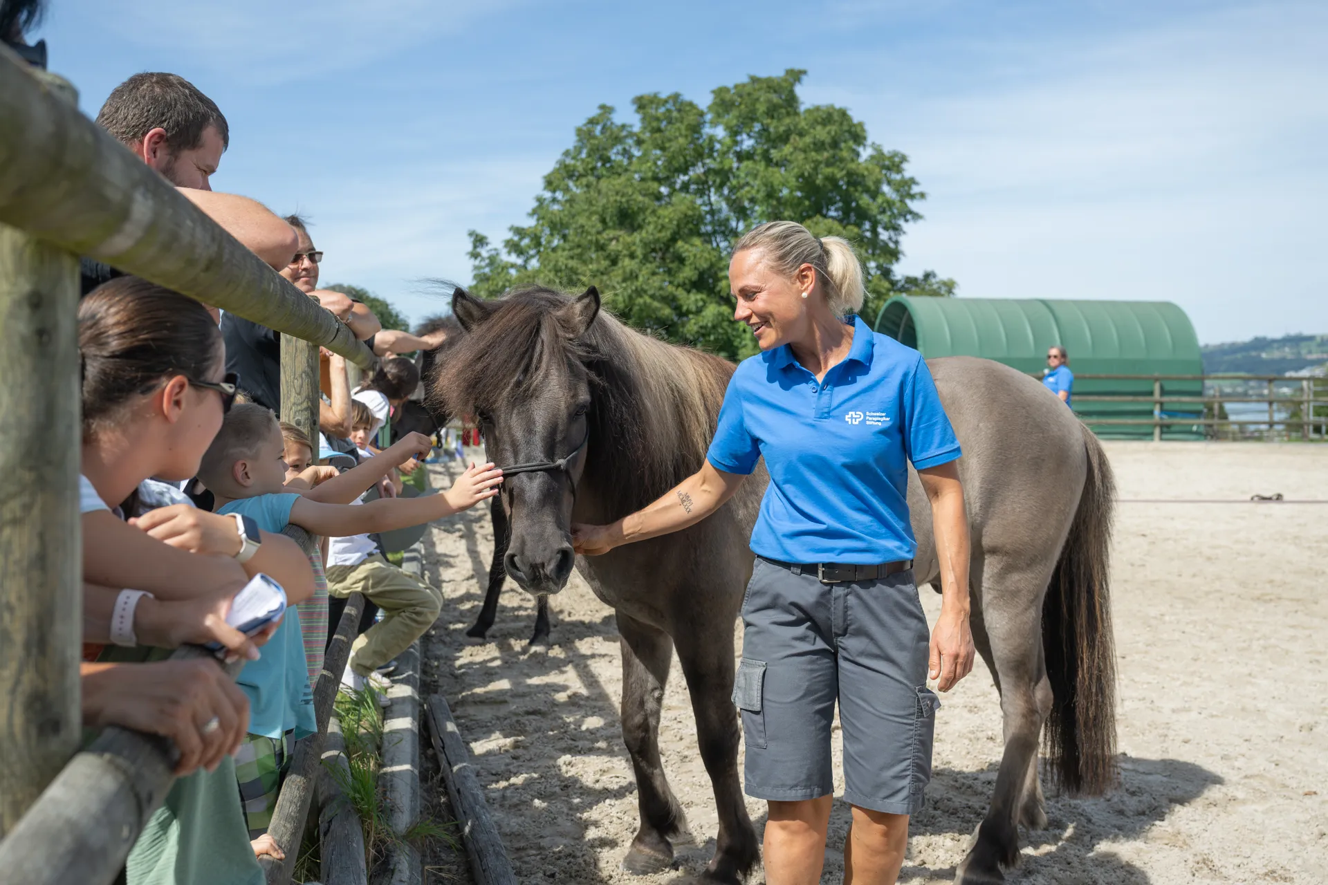 Besucherinnen der Tage der offenen Tür der Schweizer Paraplegiker-Gruppe können durch den Zaun eines der Pferde aus der Hippotherapie streicheln.