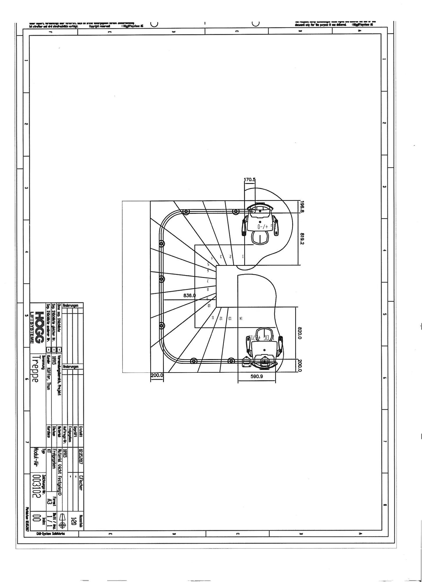 occasion-plan-mono-air-kueffer-01.jpg Technische Zeichnung einer Wendeltreppe mit Maßen und Spezifikationen.