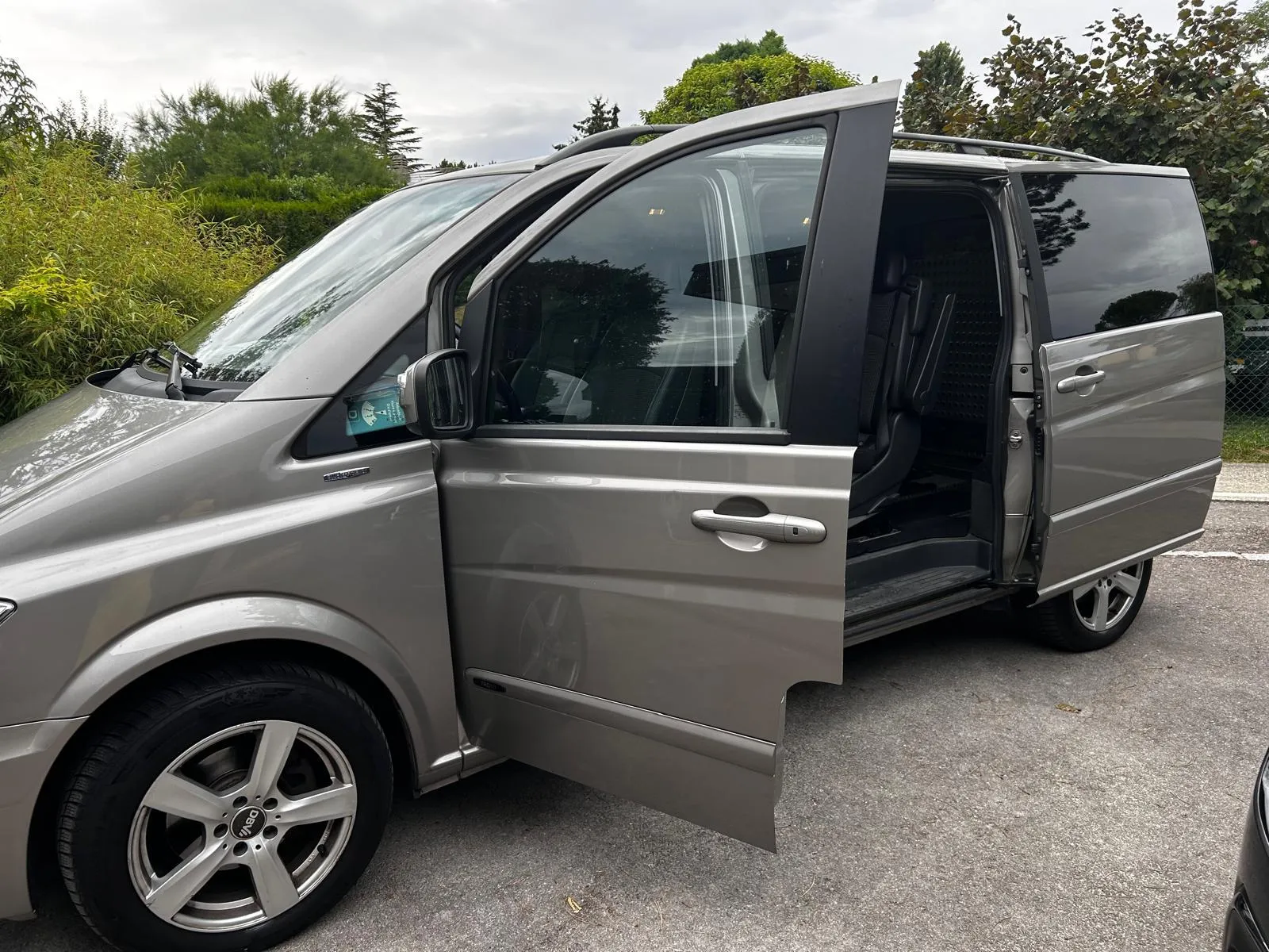 Grauer Minivan mit geöffneter Schiebetür auf einer Straße neben Bäumen.