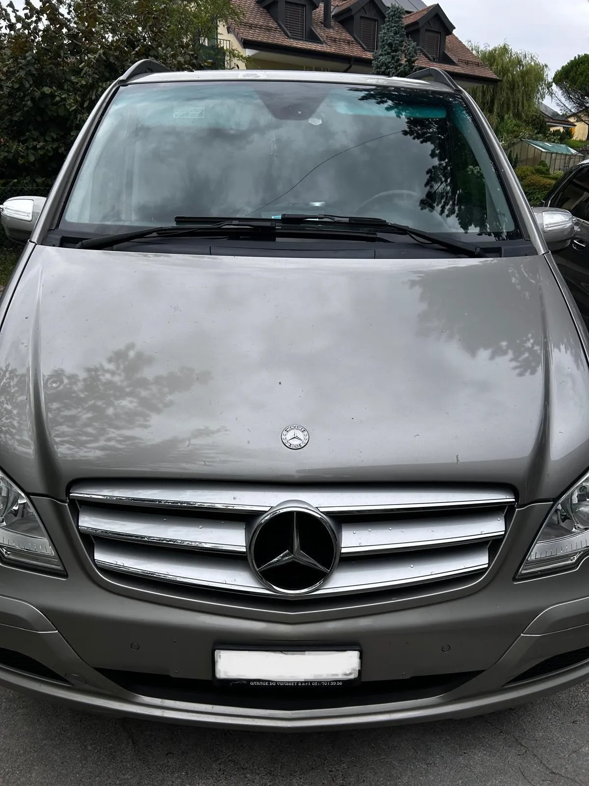 Vorderansicht eines silbernen Mercedes-Benz Vans mit charakteristischem Kühlergrill und Stern-Logo.
