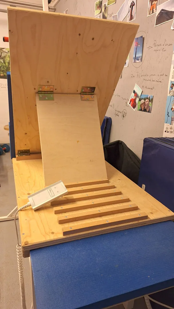 occasion-g-medical-tobler-02.jpg Selbstgebaute Holzrampe für Rollstuhlfahrer in einem Wohnzimmer.