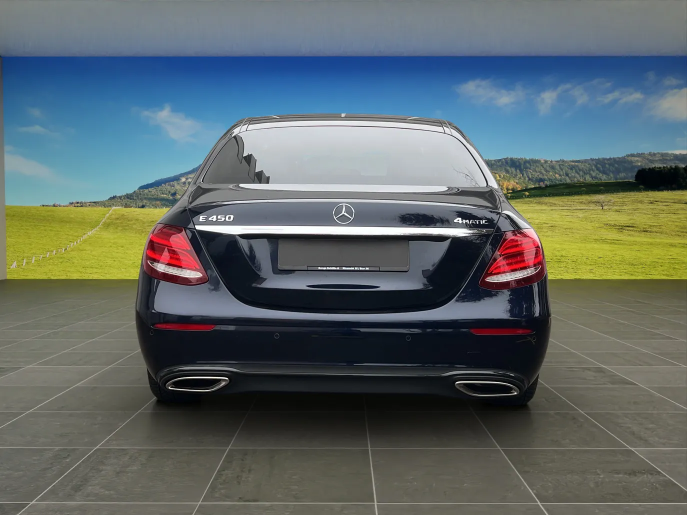 Dunkelblaue Luxuslimousine von hinten auf glänzendem Boden vor grüner Landschaft.