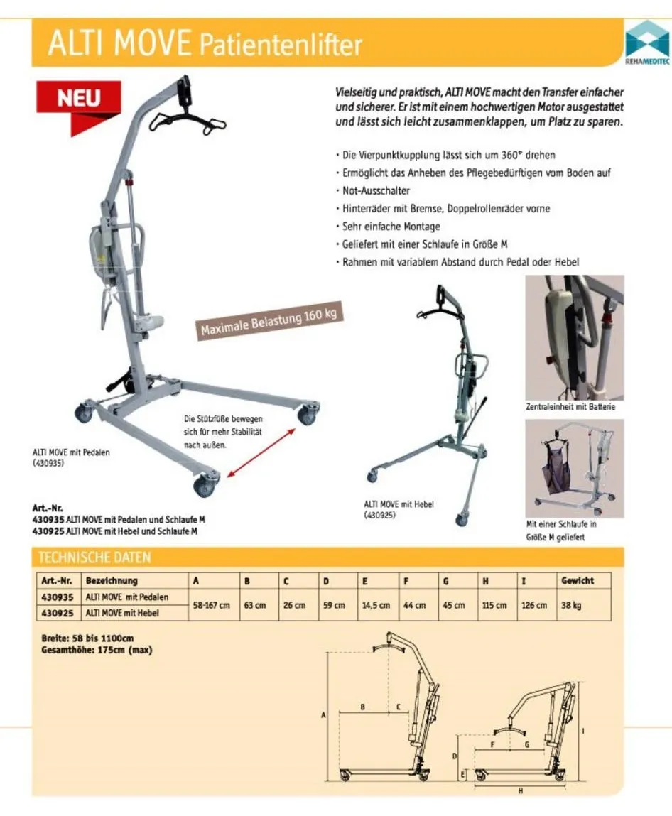 occasion-pateintenlifter-krumenacher-01.jpg Produktspezifikationen für einen medizinischen Patientenlifter mit technischen Details und Abmessungen.