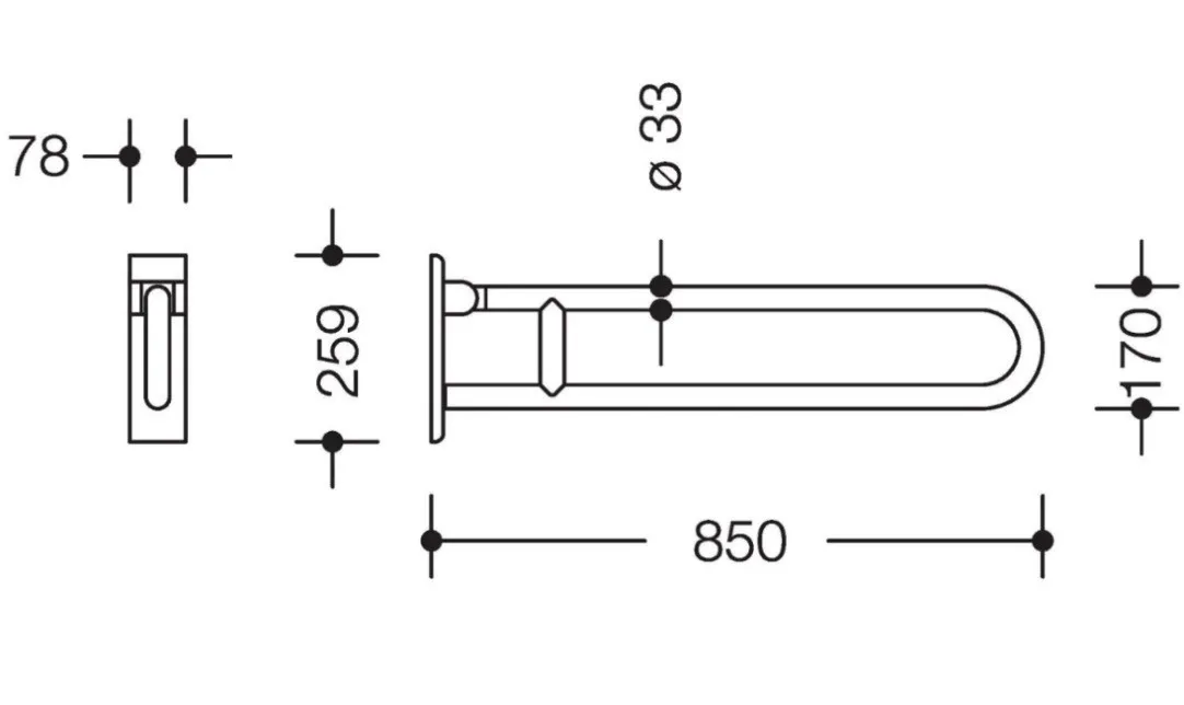 occasion-hewi-stuetzgriff-lippuner-02.jpg Technische Zeichnung eines klappbaren Haltegriffs mit Maßangaben.