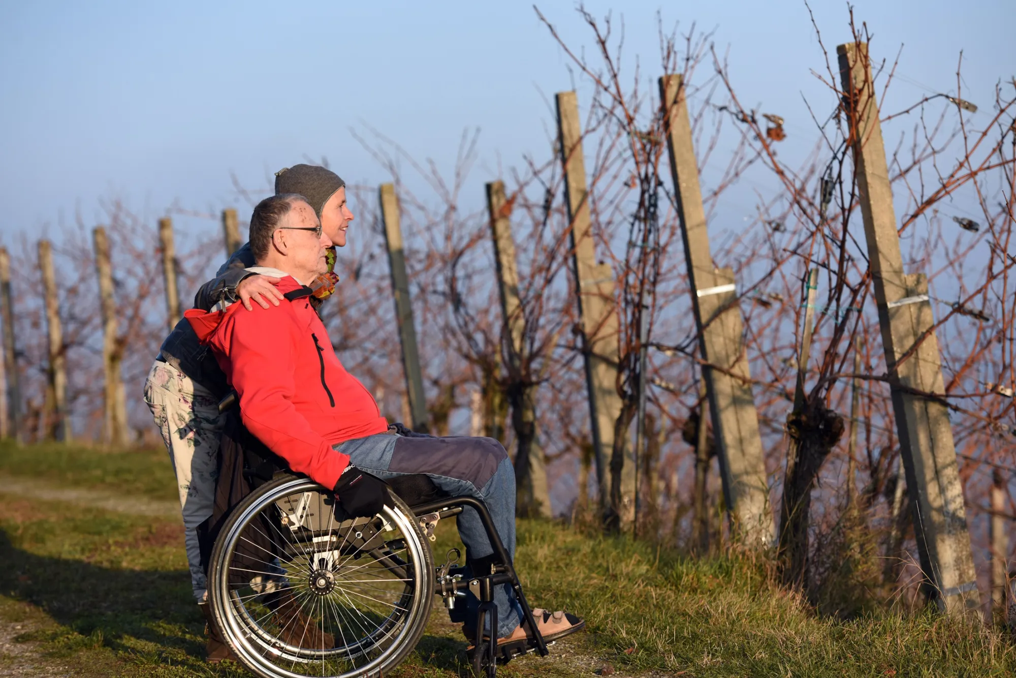 An elderly man in a wheelchair and a woman are looking together towards a vineyard.
