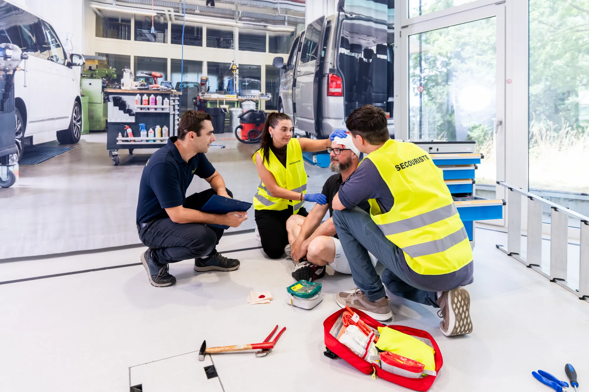 A group of people in safety vests inspecting the contents of an open toolbox on the ground.